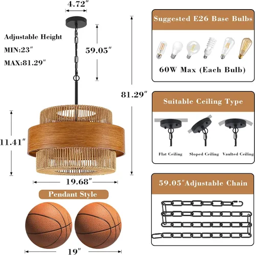 Miniatura 2 de Lámpara de araña tejida a mano con 5 luces, estilo bohemio, de tambor de ratán, de 19.68 pulgadas, grande, redonda, rústica, costera, para casa