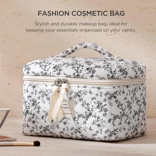 Miniatura 3 de HBselect Bolsa de Maquillaje Acolchada, Bolsa de Maquillaje Grande de Algodón para Viaje, Lindas Bolsas de Maquillaje con Flores Coquette, Bolsas