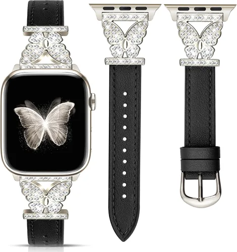 Miniatura 10 de JR.DM Correas de cuero para reloj para mujeres compatibles con Apple Watch 38mm 40mm 41mm 42mm (S10) con conector de mariposa brillante plateado
