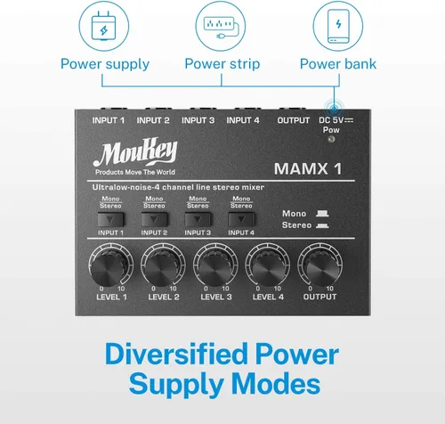 Miniatura 5 de Moukey Mini Mezclador de Audio, DC 5V, 4 Estéreo Ultra, Mezclador de Línea de 4 Canales de Bajo Ruido para Sub-Mezcla, para Pequeños Clubes o Bares