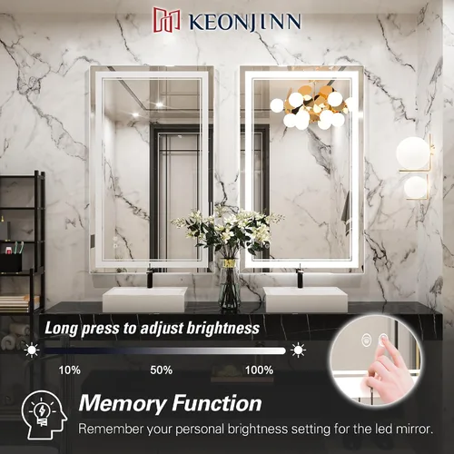 Miniatura 9 de Keonjinn Espejo LED para baño de 39.76 x 24.01 pulgadas, espejo de baño frontal y retroiluminado con luces, vidrio templado HD, 3 luces