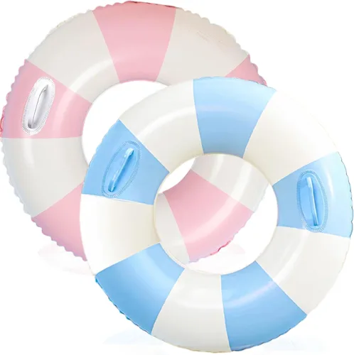 Miniatura 4 de Flotadores inflables de piscina para adultos, paquete de 2 flotadores a rayas, tubos de piscina, anillos de natación con asas, flotador inflable