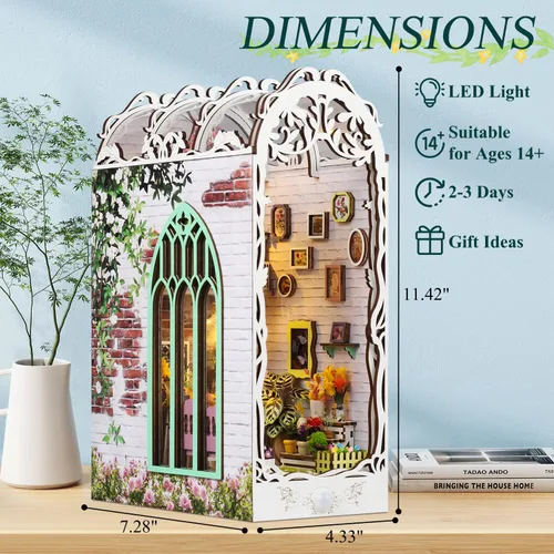 Miniatura 3 de TuKIIE Kit de bricolaje en miniatura para rincón de libro, estantería de casa de muñecas con sensor de luz y a prueba de polvo, soporte decorativo