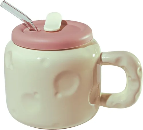 Miniatura 4 de Juego de tazas de cerámica en forma de queso de 25 onzas – Taza de café de cerámica bonita con tapa y pajita, taza de café grande regalo
