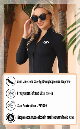 Miniatura 5 de Traje de neopreno de 0.118 in (3 mm) para mujer, traje corto para mujer para aguas frías con mangas largas, traje de buceo con cremallera frontal