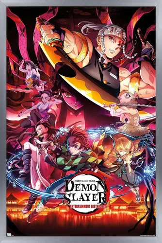 Miniatura 16 de Demon Slayer - Póster de pared Key Visual 1, 22.4 pulgadas de largo x 14.7 pulgadas de ancho, versión enmarcada de madera de granero