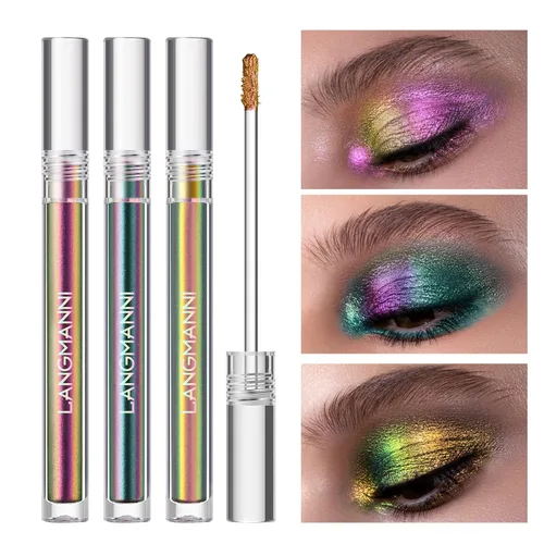 Sombra de ojos de camaleón líquida metálica, aspecto de ojos multidimensional, maquillaje holográfico de larga duración con purpurina multicolor