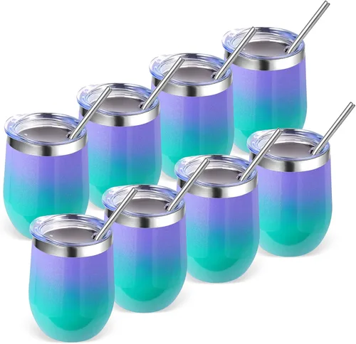 Miniatura 49 de Volhoply - Juego de 12 vasos de vino de 12 onzas con tapa, hechos de acero inoxidable con aislamiento al vacío de doble pared, vasos de vino sin Rosa