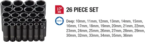 Miniatura 7 de SUNEX TOOLS 2646, juego de llaves de vaso de impacto profundo de 1/2 pulgada, 26 piezas, métrico, 0.394 in-1.417 in, acero de aleación Cr-Mo, diseño