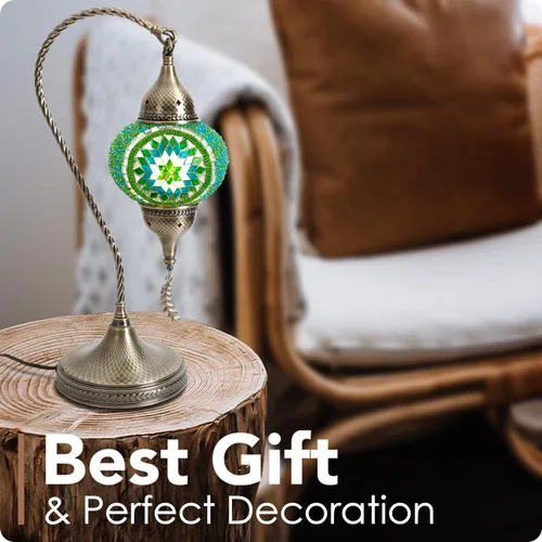 Miniatura 4 de Yarra-Decor Lámpara de mesa de mosaico turco marroquí con base de bronce, 3 opciones de color, hecha a mano, cuello de cisne, mosaico Tiffany, green2