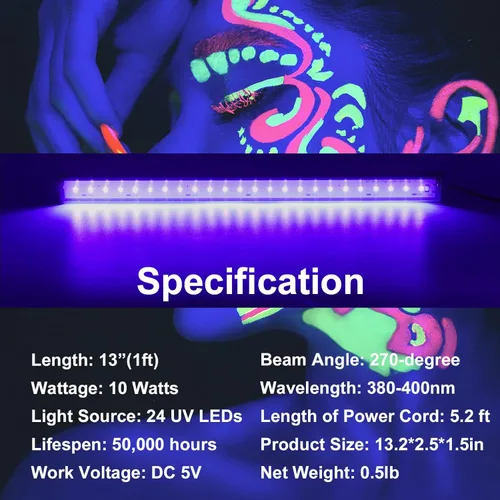Miniatura 7 de Barra de Luz Negra 10W Tira de Luz Negra UV para Fiesta Brillante: 1 pie USB Portátil LED Suministros de Fiesta para Pintura Corporal, Escenario