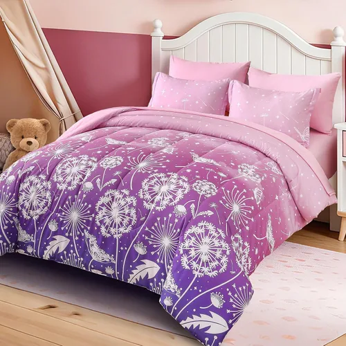 Miniatura 79 de Dinjoy Juego de edredón para niñas, tamaño individual, colorido, azul, rosa, morado, arcoíris, juego de ropa de cama de 6 piezas en una bolsa