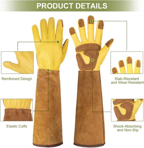 Miniatura 5 de Guantes largos de jardinería para mujeres, a prueba de espinas, guantes de cuero de vaquilla para poda de rosas, para cactus, rosas y moras Marrón