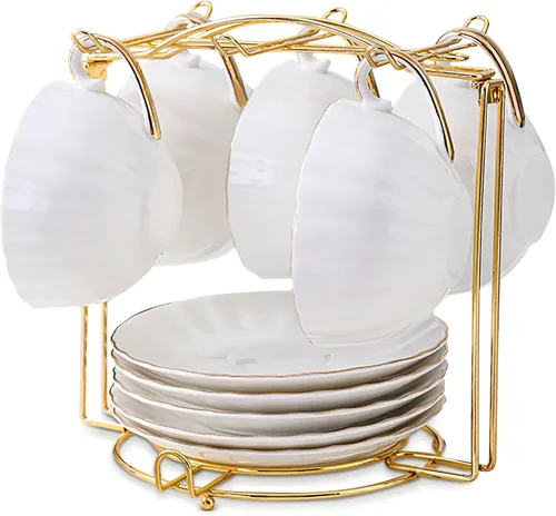 Soporte para tazas de té y platillos, soporte de metal para tazas de té, organizador para taza de café, cuchara y platillos (dorado)