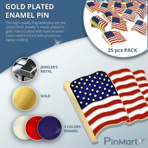 Miniatura 7 de PinMart American Flag Lapel Pin Made in the USA - Gold or Nickel Plated Enamel Pin Patriotic Rectangular or Waving United States Country Pin for