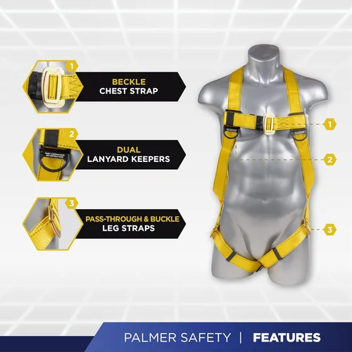 Miniatura 2 de Palmer Safety Arnés de cuerpo completo con ajuste de 3 puntos, anillo en D dorsal, arnés de seguridad de protección contra caídas para construcción