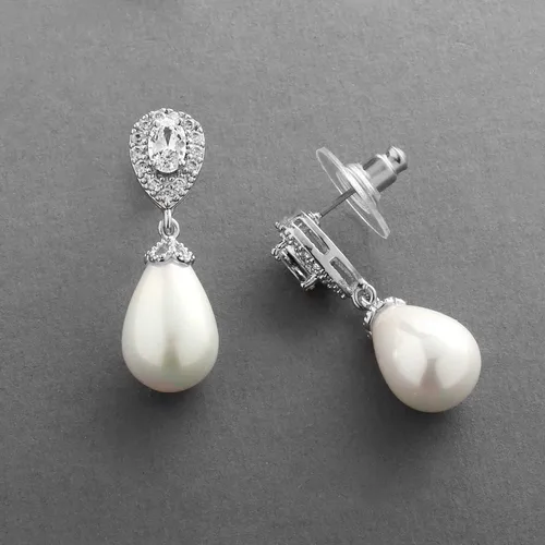 Miniatura 5 de Mariell aretes de boda de circonia cúbica con forma de pera para novias con perlas crema suave