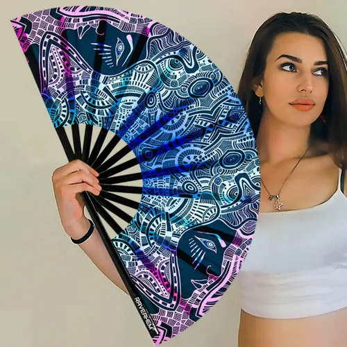 Miniatura 3 de Ventilador de mano plegable de bambú para hombres y mujeres, ventilador de mano para EDM, festival de música, club, extraño, evento, fiesta, baile