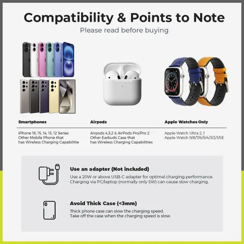 Miniatura 6 de ZTAR Cargador de viaje inalámbrico 3 en 1 para iPhone 16/15/14/13/12, Samsung Galaxy con capacidades inalámbricas, auriculares y Apple Watch