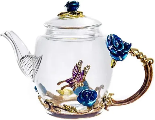 Tetera creativa de cristal de flores para té de Kung Fu, buen regalo para hermana, mamá, abuela, profesores (rosa azul)