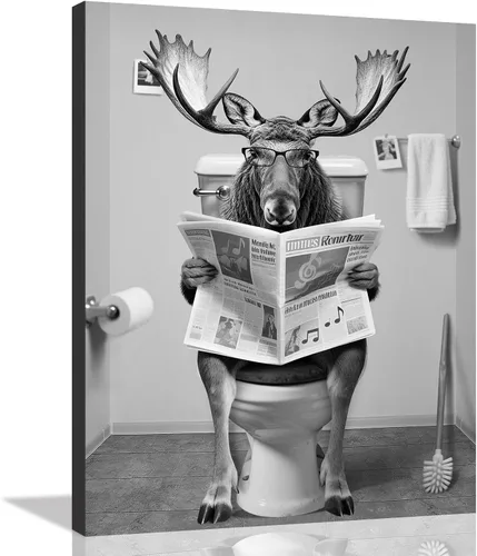 Miniatura 11 de Decoración de Arte de Pared en Blanco y Negro – Oso con Gafas Sentado en el Inodoro Leyendo Periódico, Impresiones en Lienzo, Imágenes de Animales
