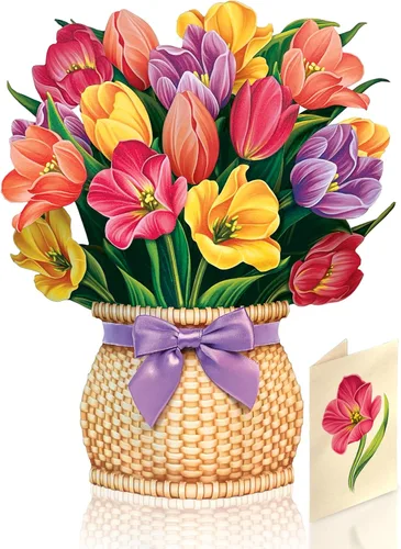 Miniatura 2 de Freshcut Paper Tarjetas Pop Up, Tulipanes Festivos, Ramo de Flores Eternas de Tamaño Real de 12 Pulgadas, Tarjeta de Felicitación Emergente 3D