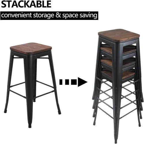 Miniatura 9 de Taburetes de bar de metal con respaldo, juego de 4 taburetes de altura de encimera de cocina con asiento de madera de 24 pulgadas, negro mate