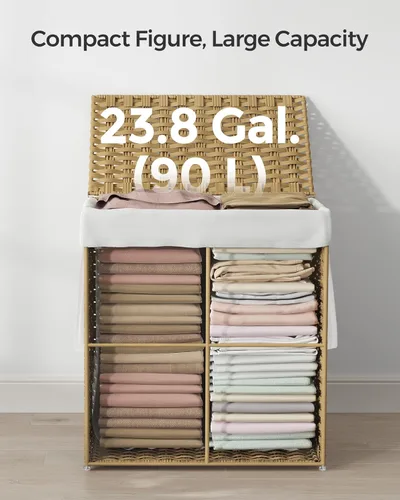 Miniatura 5 de SONGMICS Canasta de lavandería con tapa, cesto de ropa de 23.8 galones (90 L) de ratán sintético con tapa y asas, plegable, forro extraíble