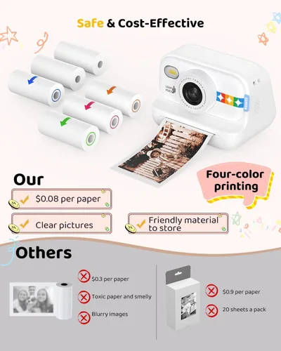 Miniatura 8 de Cámara de impresión instantánea en color para niños – Cámara para niños con 5 hojas de papel fotográfico de color, 48MP y video 1080P, 21 marcos