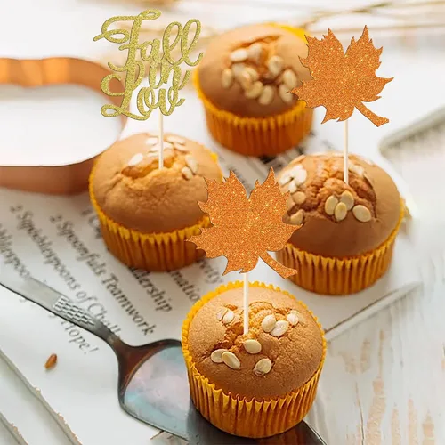 Miniatura 6 de Rsstarxi Paquete de 24 adornos para cupcakes con purpurina de otoño de hojas de arce de otoño, palillos para cupcakes, decoración de pasteles