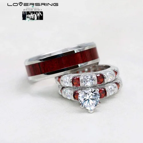 Miniatura 4 de Conjunto de dos anillos de boda para él y para ella, anillos para parejas. Anillos de compromiso para novia en acero inoxidable chapado en oro Blanco