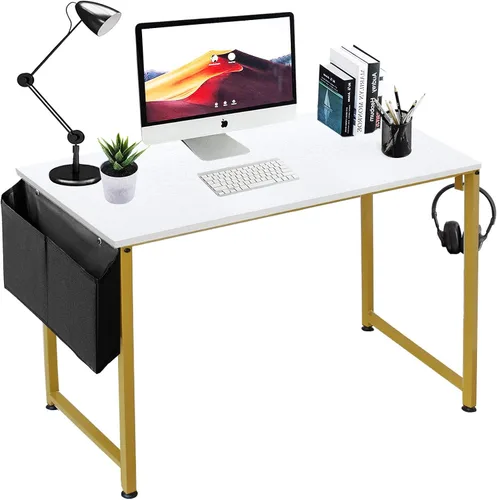 Miniatura 13 de Lufeiya Escritorio de computadora blanco para espacios pequeños, oficina en casa, 39 pulgadas, moderno escritorio de estudio para PC con gancho