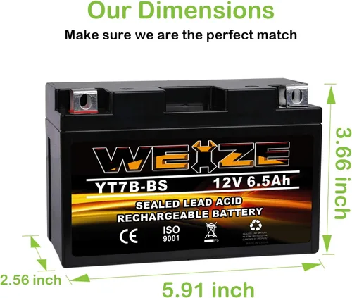 Miniatura 2 de Weize YT7B-BS Batería de alto rendimiento - sin mantenimiento - Batería sellada de la motocicleta AGM YT7B BS para Yamaha ATV