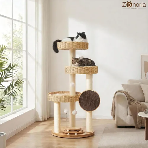 Miniatura 2 de Árbol de madera maciza para gatos grandes, torre moderna para gatos de 48 pulgadas con cestas tejidas a mano, condominio para gatos de varios