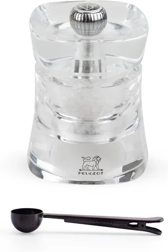 Peugeot Baltic Salt Mill - Juego de regalo de acrílico de 3 pulgadas, con cuchara de especias de acero inoxidable y clip para bolsa