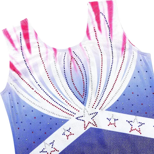 Miniatura 4 de Leotardo para gimnasia artística, deportivo, brillante, con bandera de Estados Unidos, rojo, blanco y azul para niña
