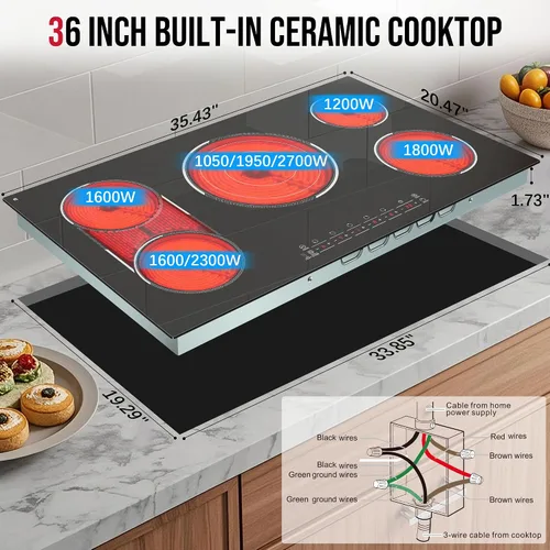 Miniatura 7 de Placa de cocina eléctrica de 5 quemadores, estufa eléctrica de 36 pulgadas 9600W, placa de cerámica incorporada con quemador para barbacoa, control