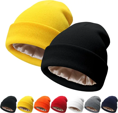 Miniatura 15 de NPQQUAN 2 PCS Satin Lined Beanie for Women Silk Lined Beanies Winter Warm Soft Lining Cuffed Knit Beanie Hats for Women