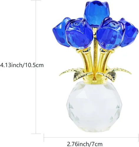 Miniatura 2 de Figura de flor de rosa de cristal con jarrón redondo, flores de cristal, flores de vidrio con tallos, figura de cristal de rosa de cristal, regalos