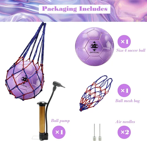 Miniatura 4 de Balón de fútbol morado con purpurina, tamaño 3, 4, 5 con bomba y bolsa de aguja/malla, kit de pelota de fútbol de poliuretano Sofu para interiores