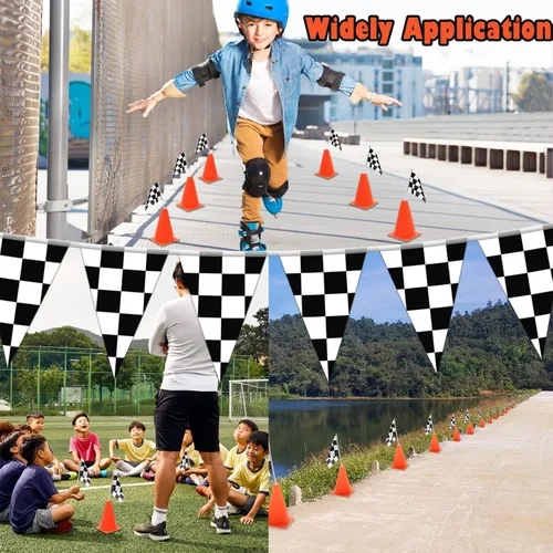 Miniatura 7 de Windspeed Suministros para fiestas de autos de carreras, juego de 38 piezas: 24 banderas a cuadros, 12 mini conos de tráfico, alfombra de hipódromo
