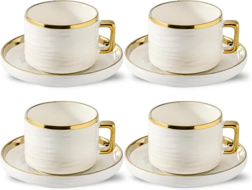 Miniatura 10 de LETAOTAO Juego de 4 tazas y platillos de expreso, tazas de café apilables de cerámica de 3 onzas con borde dorado, mini tazas Demitasse, juego