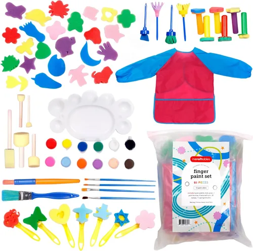 Incraftables Juego de pintura de dedos lavable para niños, 65 piezas, pintura lavable no tóxica para niños pequeños, incluye delantal, esponjas,