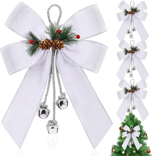 Miniatura 10 de Yinkin Corona de Árbol de Navidad Lazo Lazos de Cinta de Navidad con Campanas 11 x 7.8 pulgadas Terciopelo Cono de Pino Lazo Adornos Colgantes