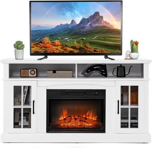 COSTWAY - Soporte para TV con chimenea eléctrica para televisores de hasta 65 pulgadas, inserto calefactor de 1400 W con control remoto, Blanco
