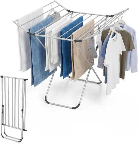 GOFLAME Clothes Drying Rack, Laundry Drying Rack with 2 Foldable Wings, 14 Drying Rods, Free-Standing Collapsible Laundry Airer for Clothes, Towels,