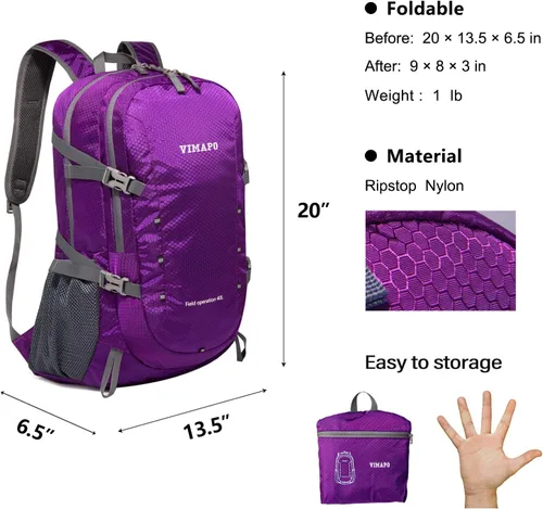 Miniatura 2 de Mochila ligera plegable de 40 litros, mochila de viaje plegable de nailon Ripstop, mochila de senderismo plegable para exteriores (morado)