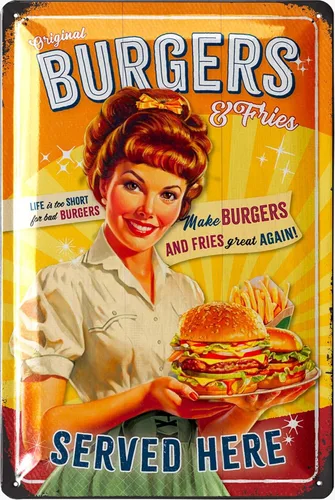 LANOLU Letrero de hojalata vintage – Hamburguesas, arte retro para pared, barbacoa y decoración de cocina de los años 50, 8 x 12 pulgadas