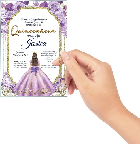 Miniatura 2 de Avior Invitación de quinceañera lila vestido de cristal acrílico, rosa Mis membrillo, dulce 15, dulce 16, diseño floral, diseño español membrillo