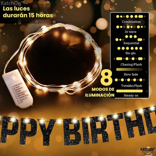 Miniatura 3 de KatchOn, Cartel de feliz cumpleaños negro con purpurina iluminada – Prestrung, 10 pies Letrero iluminado de feliz cumpleaños Decoraciones